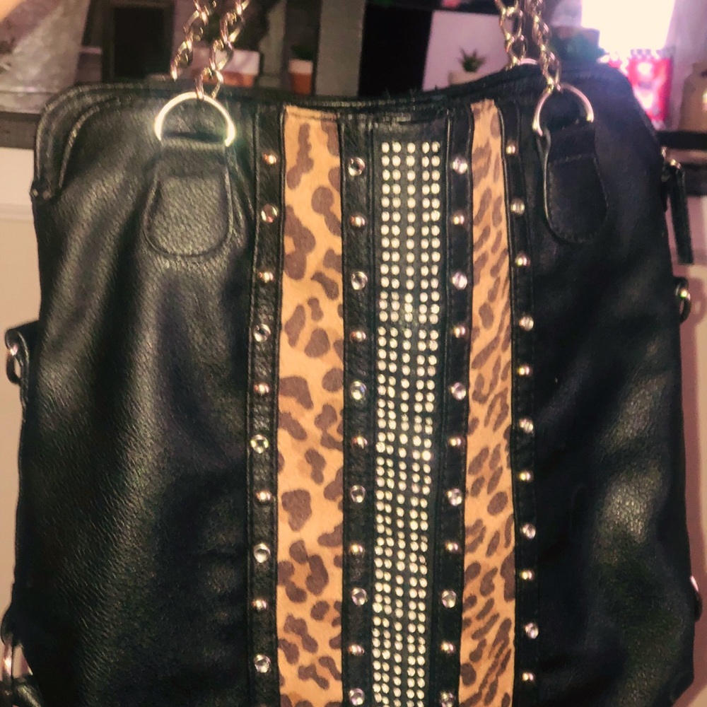 MAURICES PURSE BLACK WITH LEOPARD AND RHINESTONES